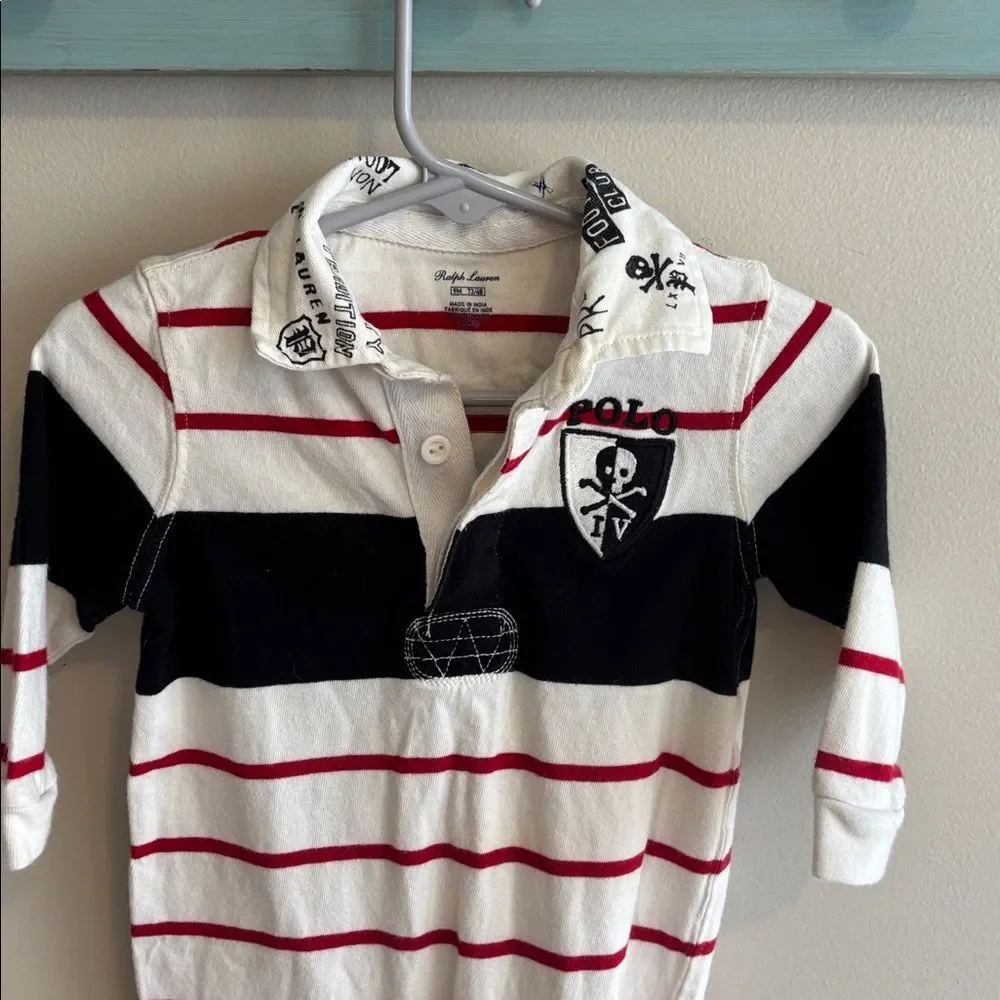 Ralph Lauren Black, White, and Red Striped one piece outfit size 9 months